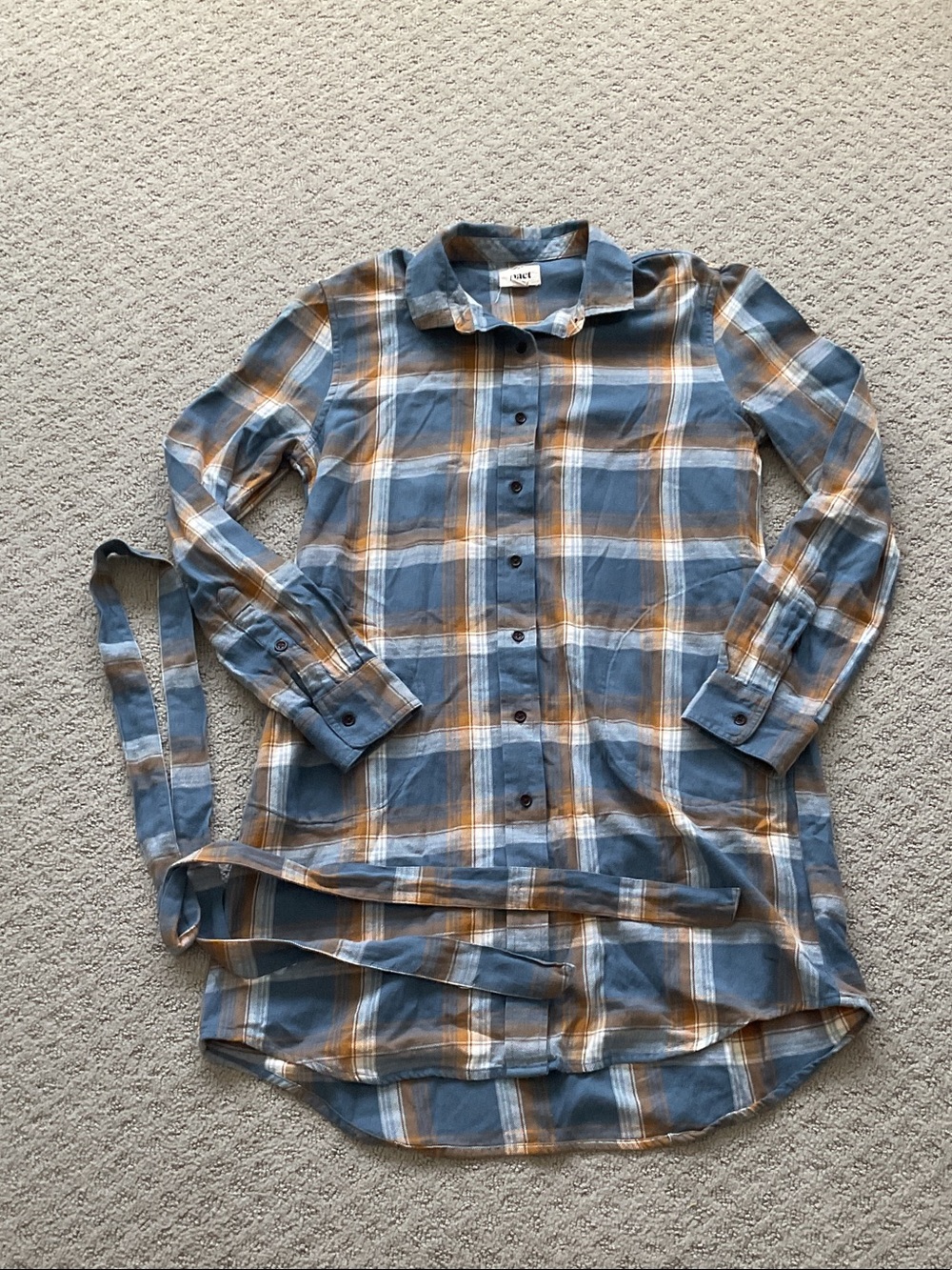 Pact Blue and Orange Plaid Button-Down Tunic Shirt 0555